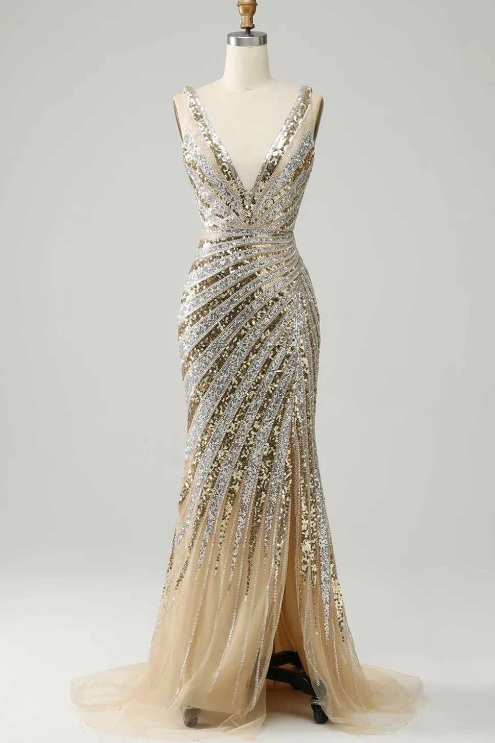 Vestido De Baile Longo Dourado Sereia Decote em V Lantejoulas