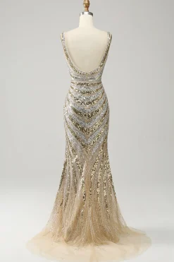 Vestido De Baile Longo Dourado Sereia Decote em V Lantejoulas