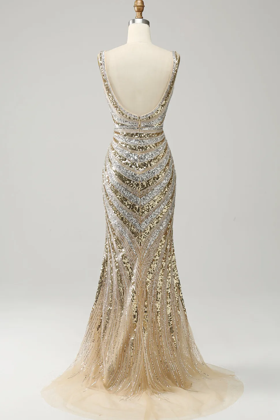 Vestido De Baile Longo Dourado Sereia Decote em V Lantejoulas