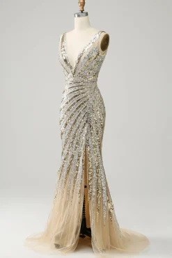 Vestido De Baile Longo Dourado Sereia Decote em V Lantejoulas