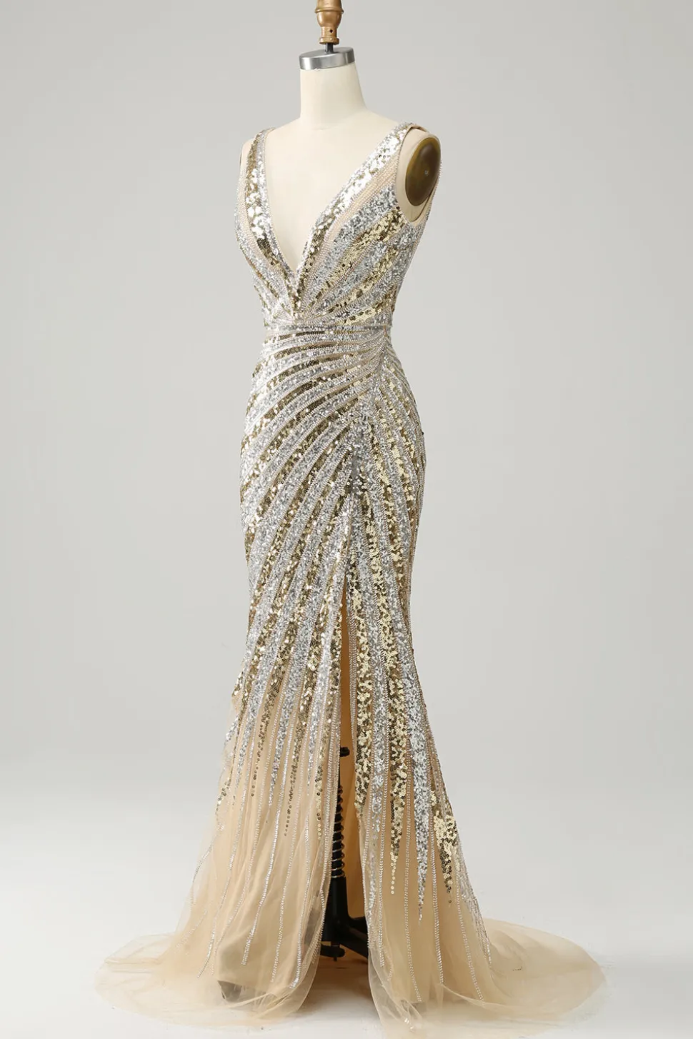 Vestido De Baile Longo Dourado Sereia Decote em V Lantejoulas