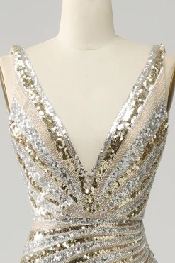Vestido De Baile Longo Dourado Sereia Decote em V Lantejoulas