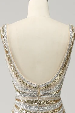 Vestido De Baile Longo Dourado Sereia Decote em V Lantejoulas