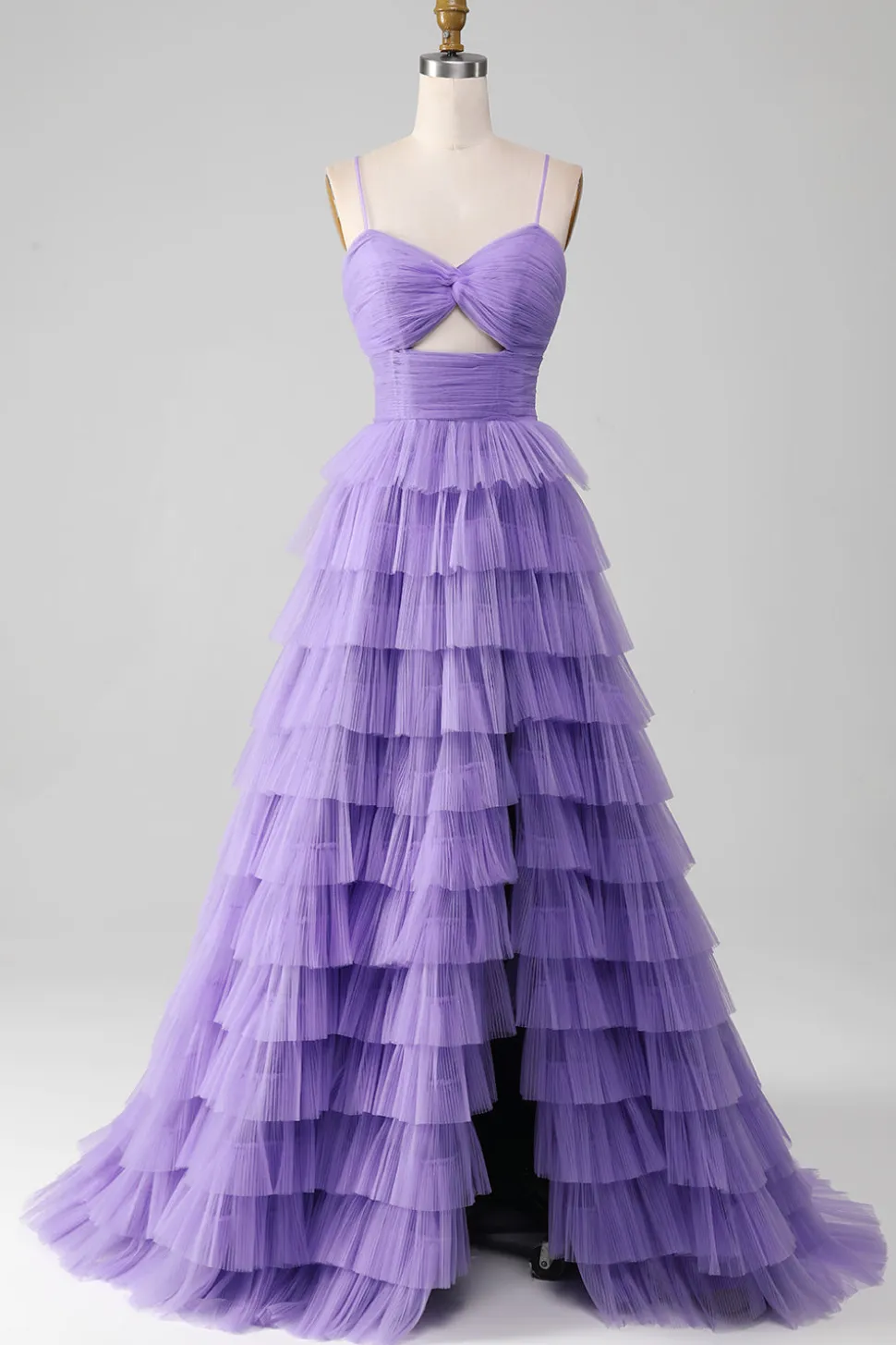 Vestido de baile longo em camadas de tule roxo A-Line com fenda