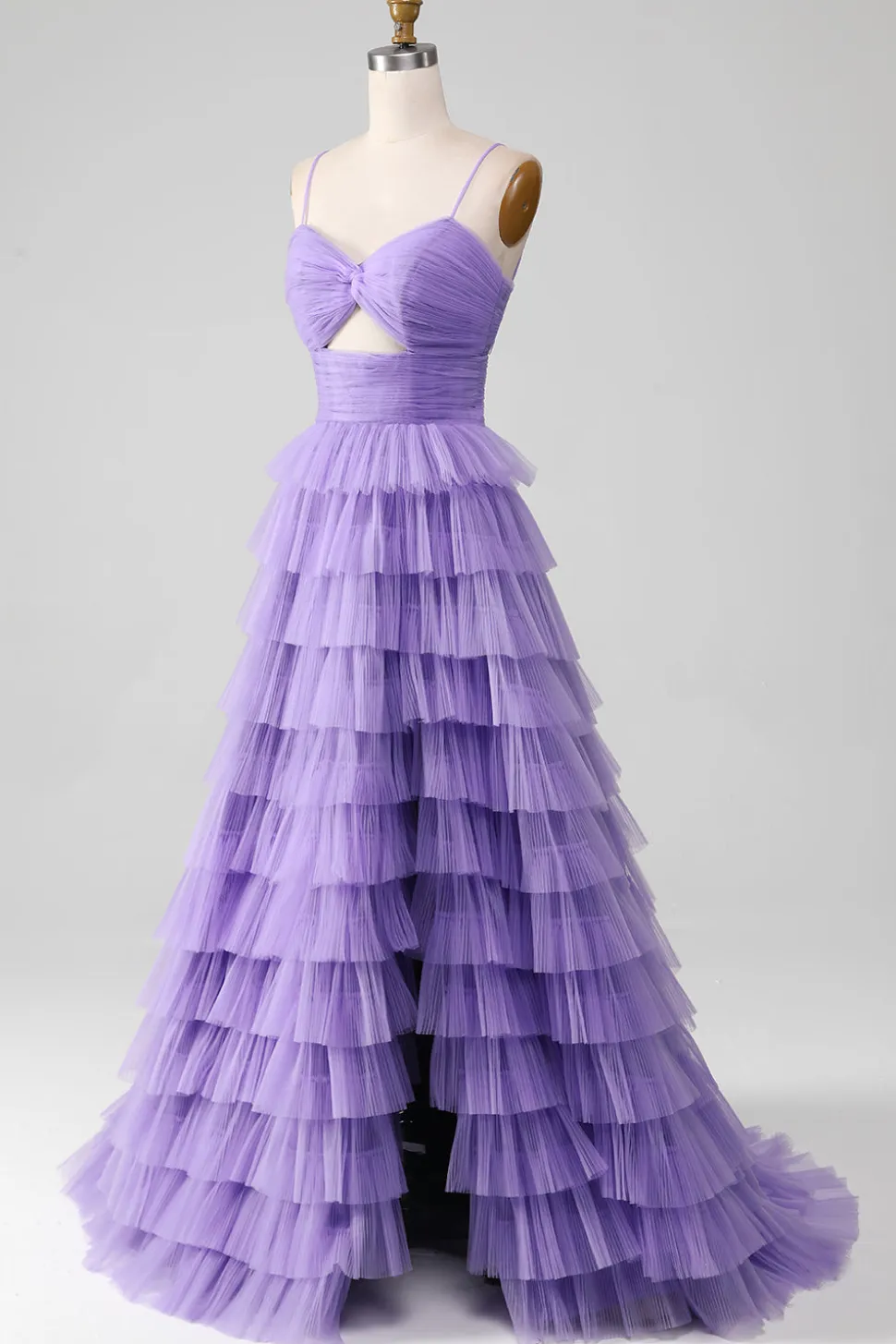 Vestido de baile longo em camadas de tule roxo A-Line com fenda