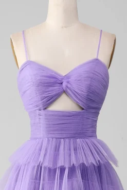 Vestido de baile longo em camadas de tule roxo A-Line com fenda
