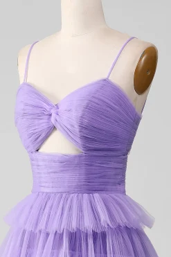 Vestido de baile longo em camadas de tule roxo A-Line com fenda