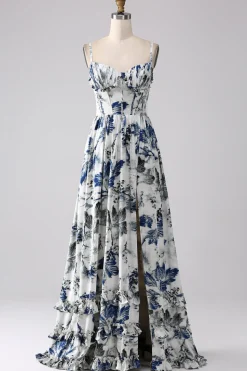 Vestido de baile longo espartilho estampado azul plissado com fenda