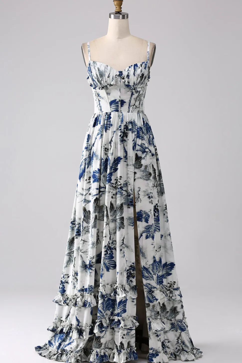 Vestido de baile longo espartilho estampado azul plissado com fenda