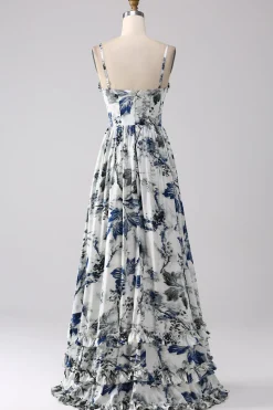 Vestido de baile longo espartilho estampado azul plissado com fenda