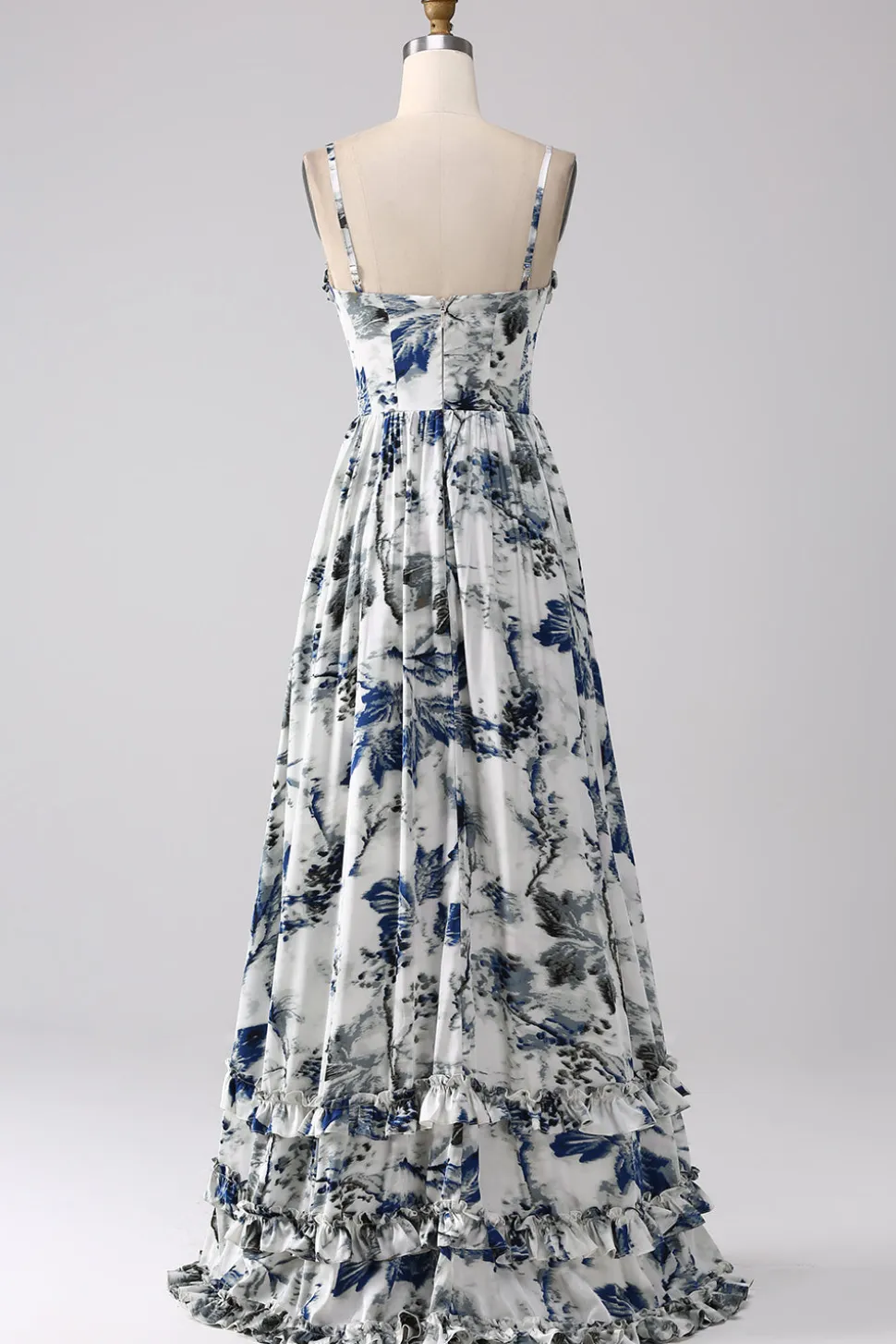 Vestido de baile longo espartilho estampado azul plissado com fenda