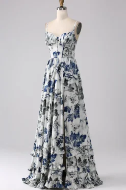 Vestido de baile longo espartilho estampado azul plissado com fenda