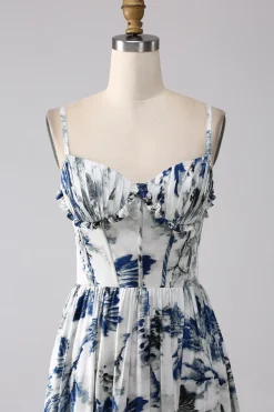 Vestido de baile longo espartilho estampado azul plissado com fenda