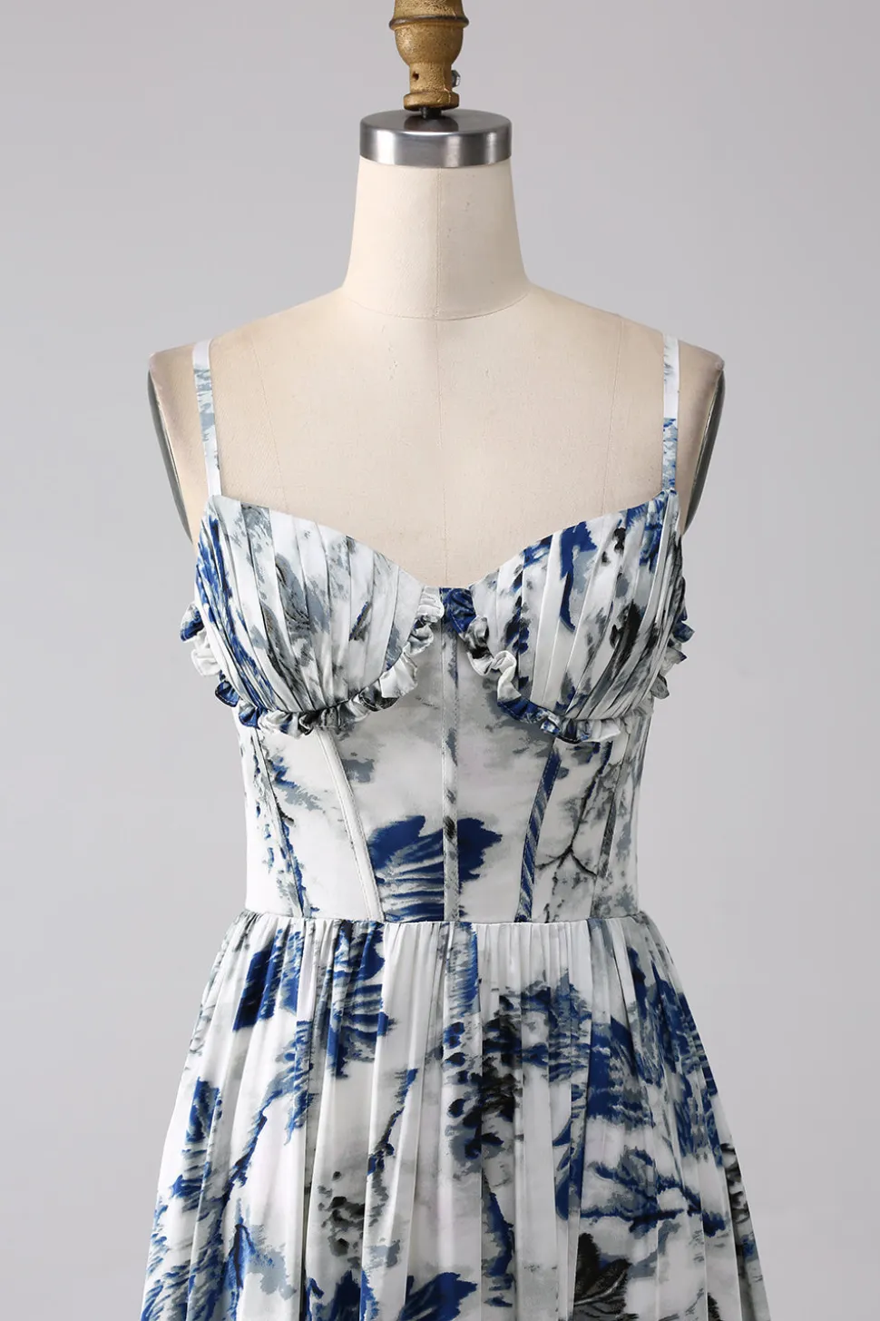 Vestido de baile longo espartilho estampado azul plissado com fenda