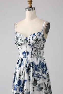 Vestido de baile longo espartilho estampado azul plissado com fenda