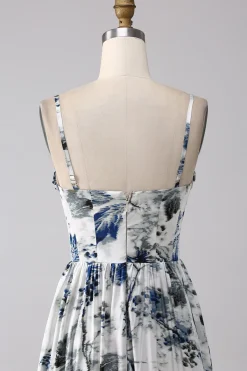 Vestido de baile longo espartilho estampado azul plissado com fenda