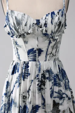 Vestido de baile longo espartilho estampado azul plissado com fenda