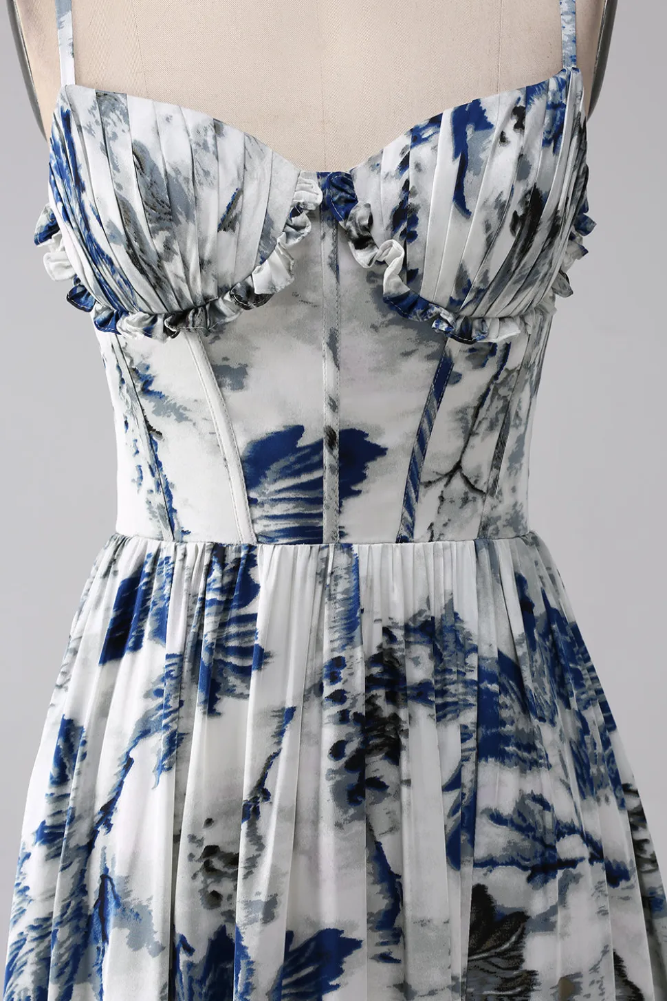 Vestido de baile longo espartilho estampado azul plissado com fenda
