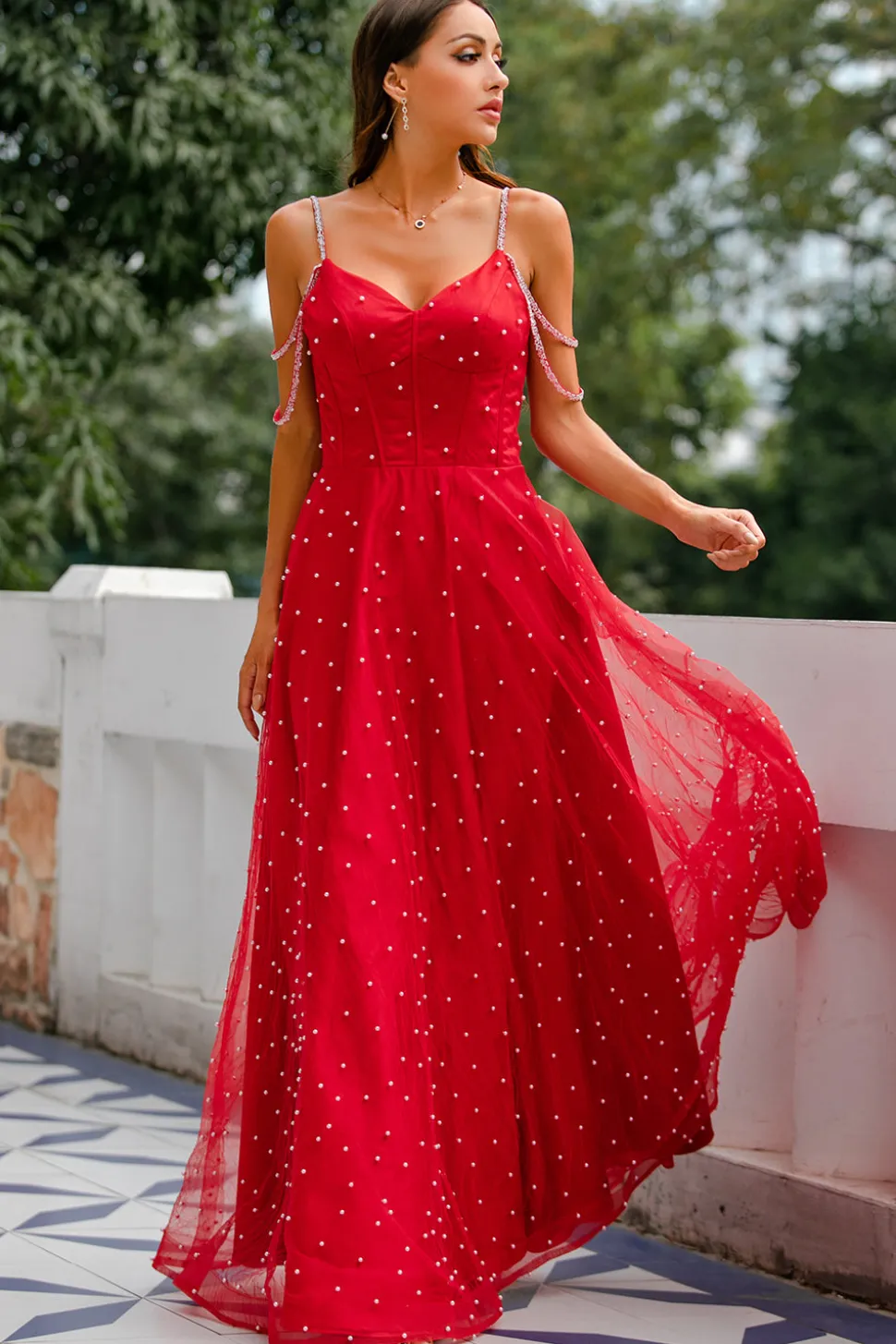 Vestido de baile longo frisado vermelho