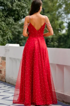 Vestido de baile longo frisado vermelho