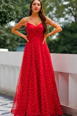 Vestido de baile longo frisado vermelho