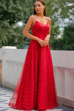 Vestido de baile longo frisado vermelho