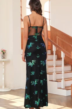 Vestido de baile longo Glitter verde escuro com fenda