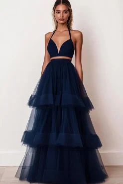 Vestido De Baile Longo Marinha Linha-A Tule Alças Finas