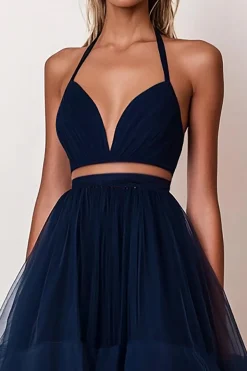 Vestido De Baile Longo Marinha Linha-A Tule Alças Finas