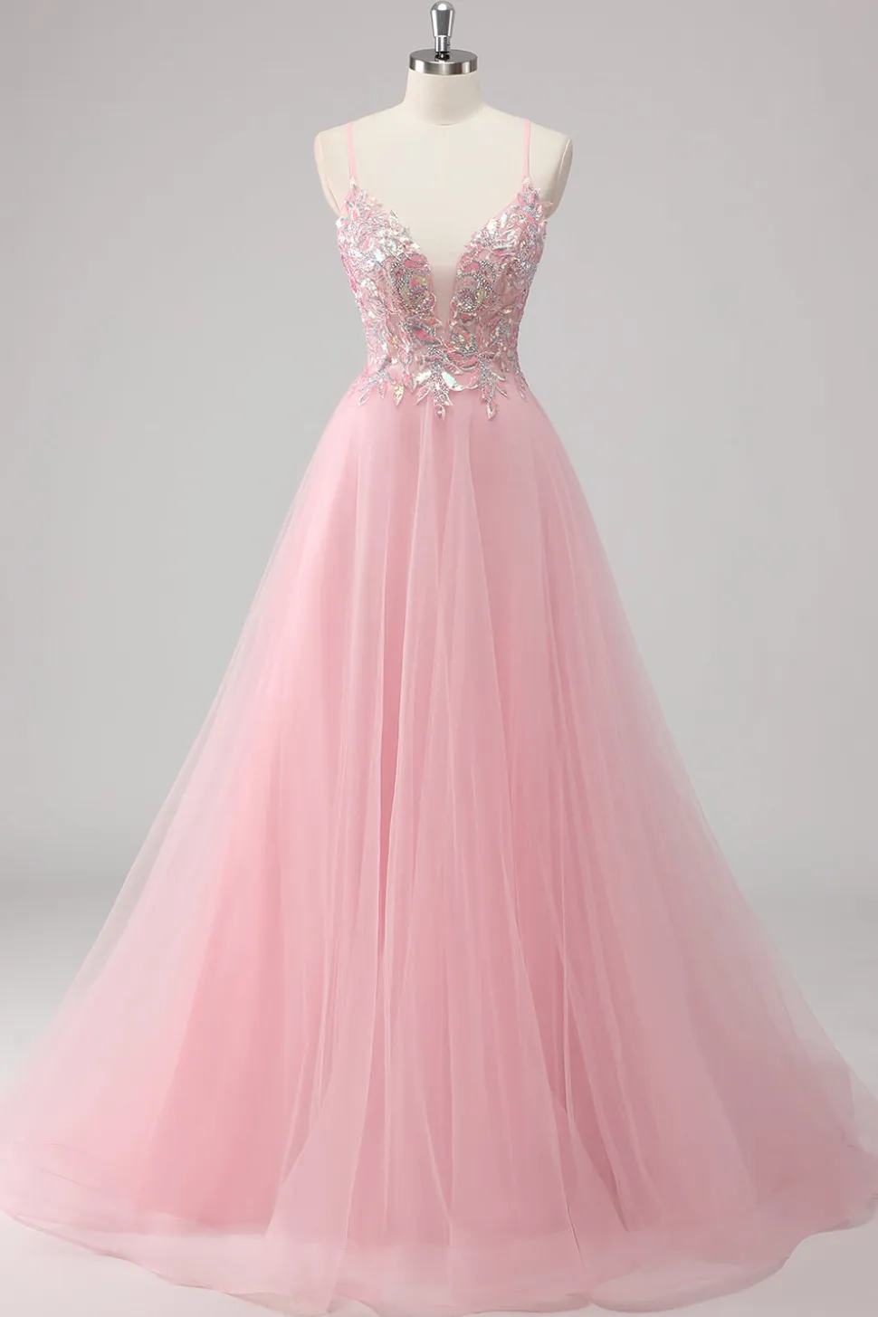 Vestido De Baile Longo Rosa Linha-A Tule Brilhante