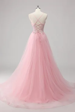 Vestido De Baile Longo Rosa Linha-A Tule Brilhante