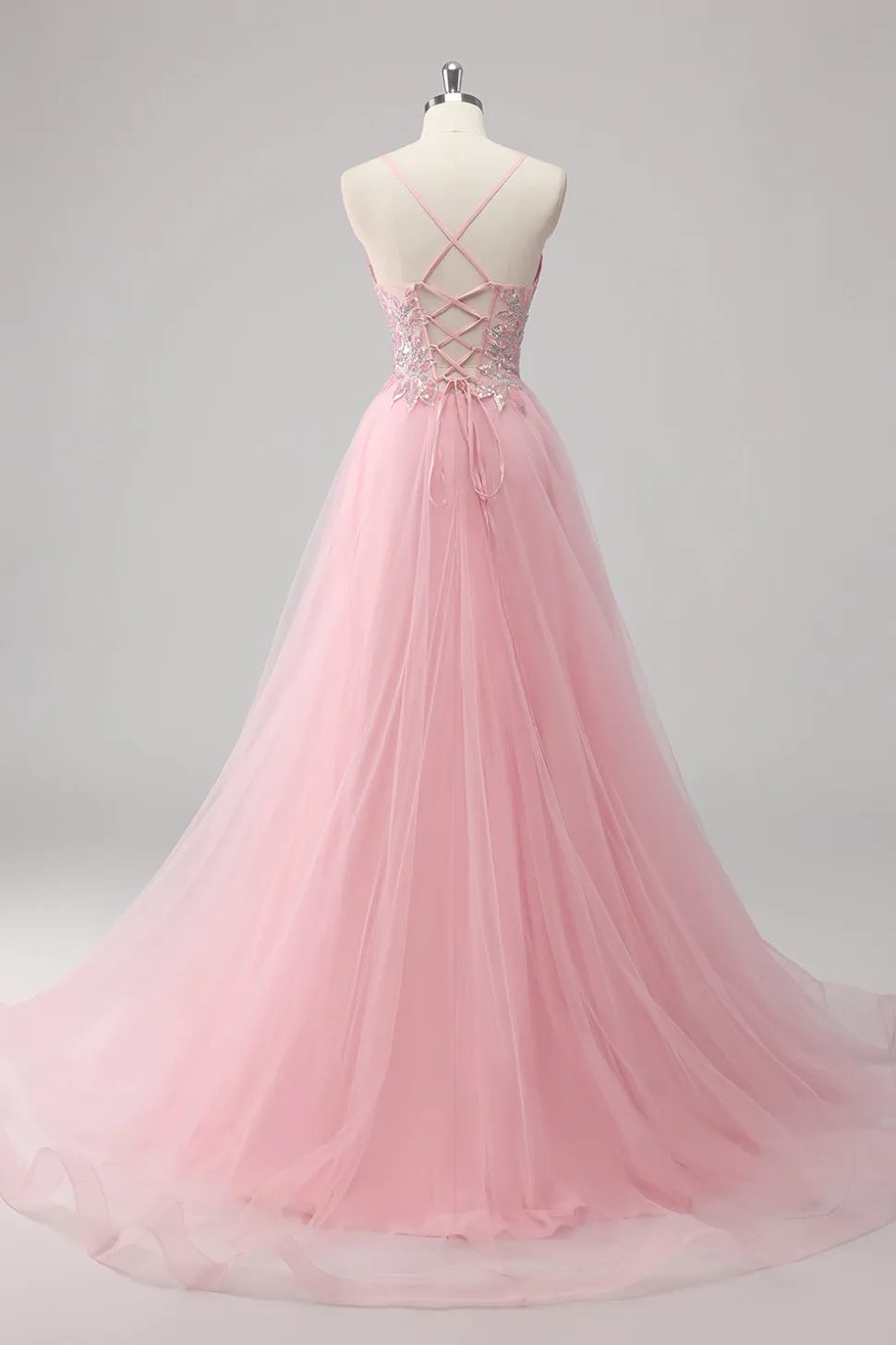 Vestido De Baile Longo Rosa Linha-A Tule Brilhante
