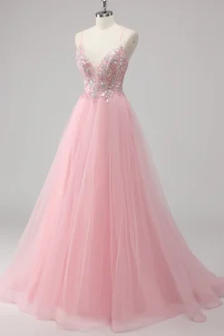 Vestido De Baile Longo Rosa Linha-A Tule Brilhante