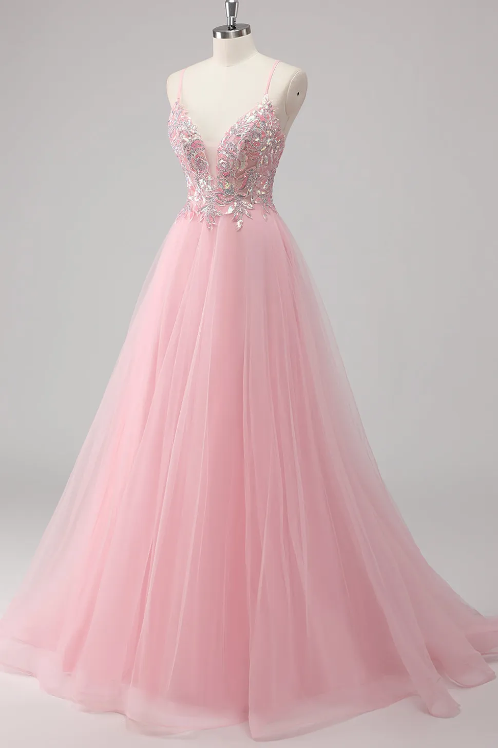 Vestido De Baile Longo Rosa Linha-A Tule Brilhante
