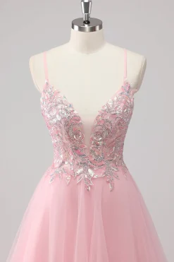Vestido De Baile Longo Rosa Linha-A Tule Brilhante