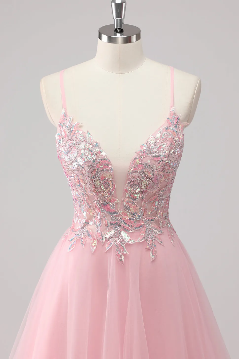 Vestido De Baile Longo Rosa Linha-A Tule Brilhante
