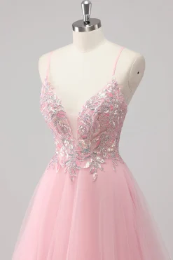 Vestido De Baile Longo Rosa Linha-A Tule Brilhante