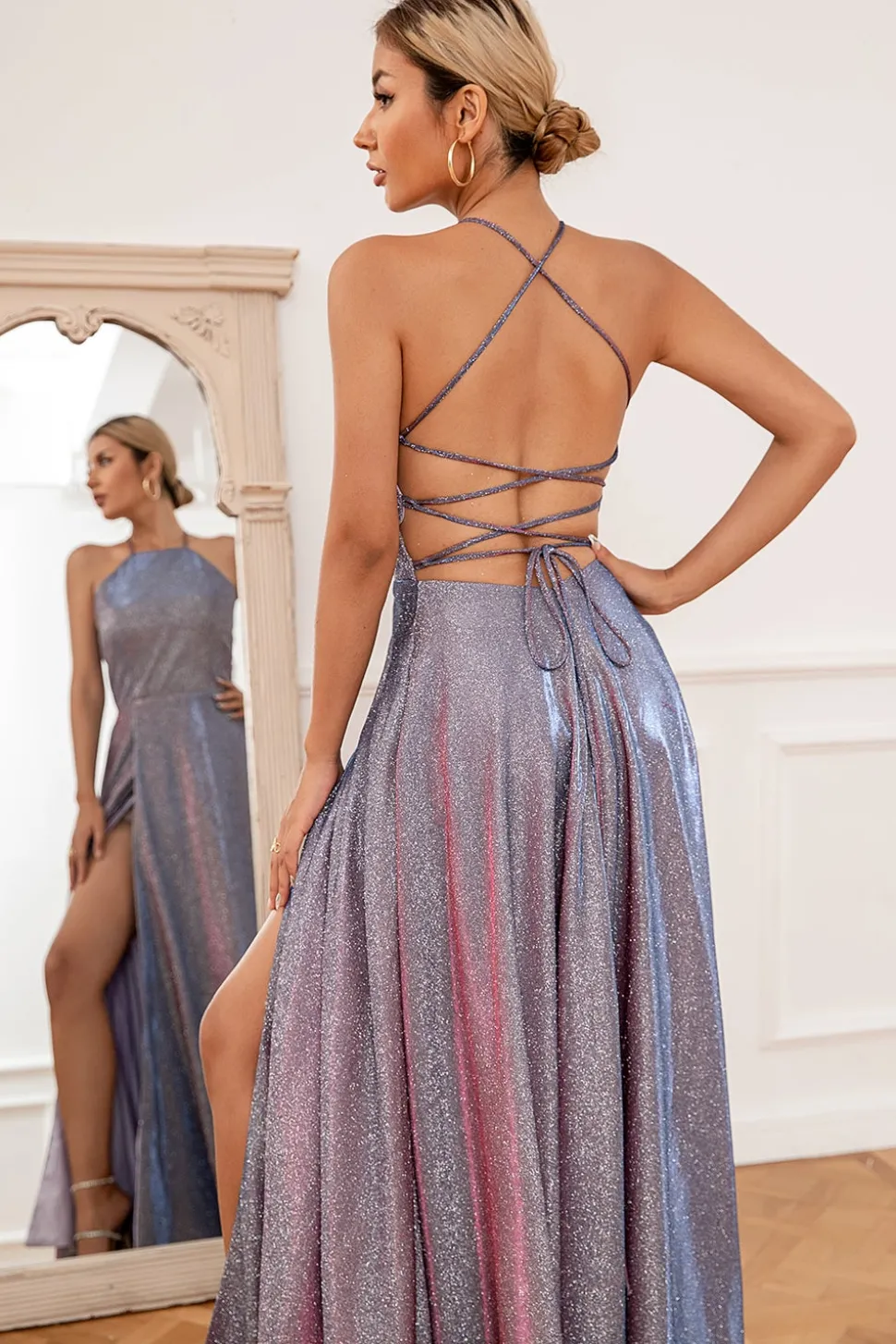 Vestido de baile longo roxo brilhante