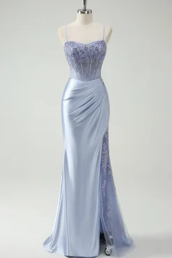 Vestido de baile longo Ruched Ruched da sereia azul claro com missangas apliques