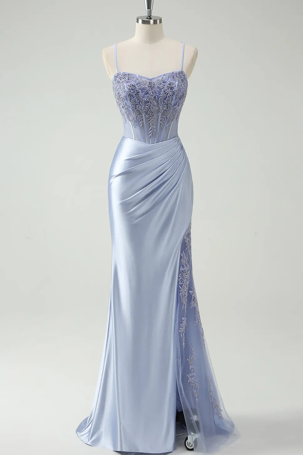 Vestido de baile longo Ruched Ruched da sereia azul claro com missangas apliques
