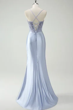 Vestido de baile longo Ruched Ruched da sereia azul claro com missangas apliques