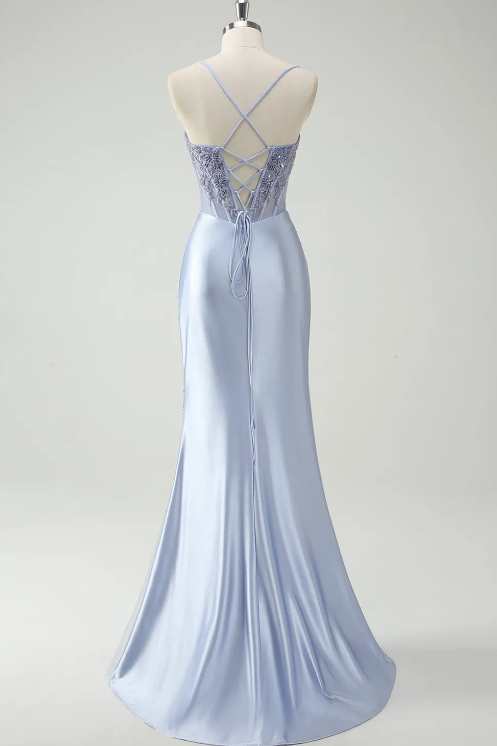 Vestido de baile longo Ruched Ruched da sereia azul claro com missangas apliques