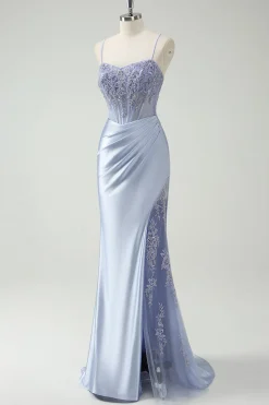 Vestido de baile longo Ruched Ruched da sereia azul claro com missangas apliques