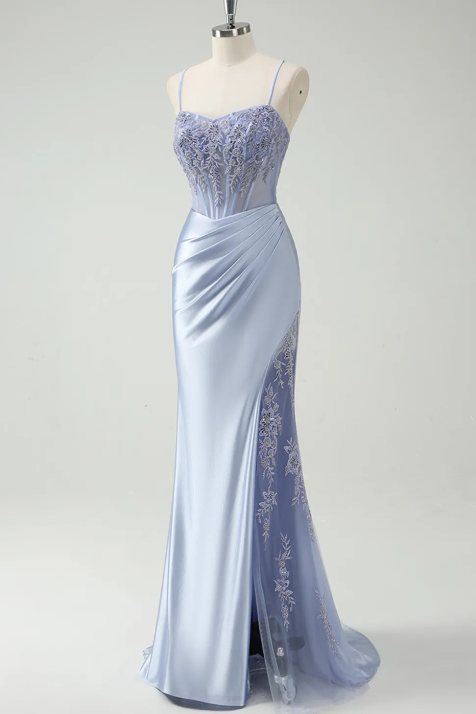 Vestido de baile longo Ruched Ruched da sereia azul claro com missangas apliques