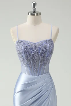 Vestido de baile longo Ruched Ruched da sereia azul claro com missangas apliques