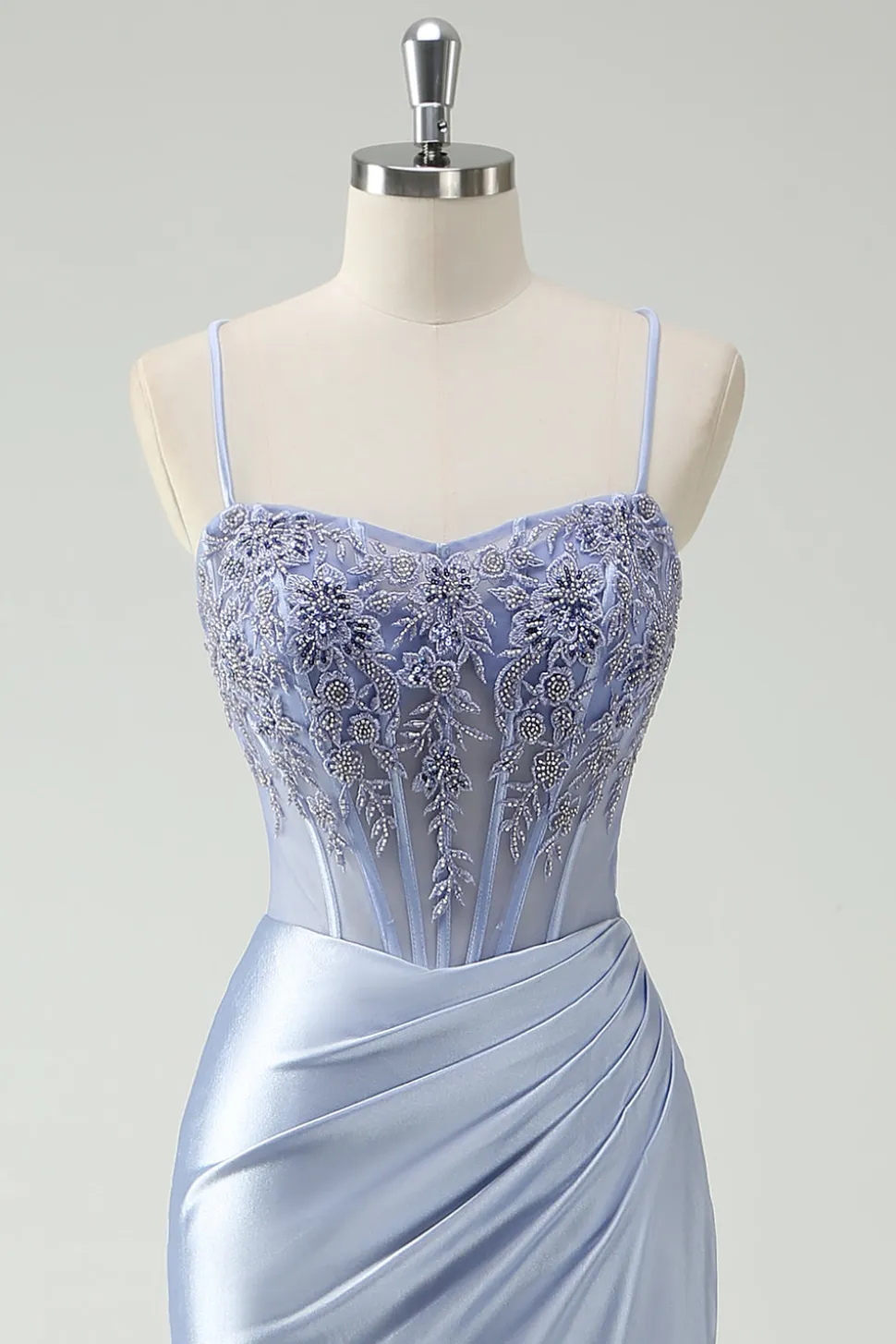 Vestido de baile longo Ruched Ruched da sereia azul claro com missangas apliques