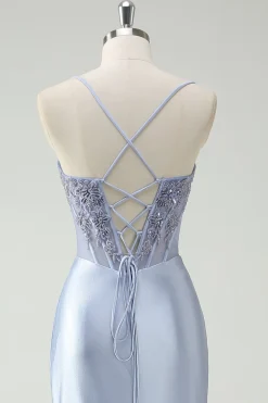 Vestido de baile longo Ruched Ruched da sereia azul claro com missangas apliques