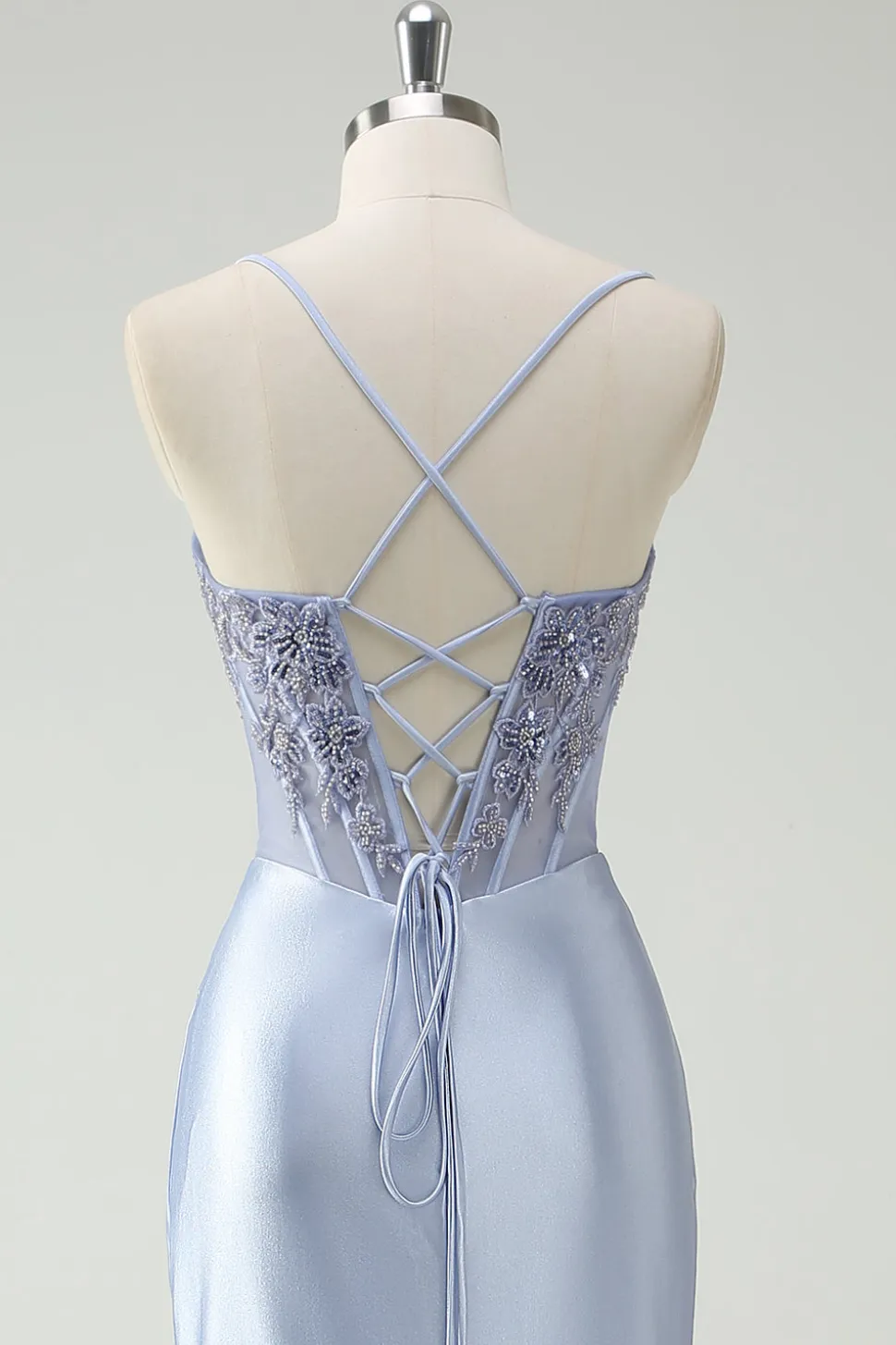 Vestido de baile longo Ruched Ruched da sereia azul claro com missangas apliques