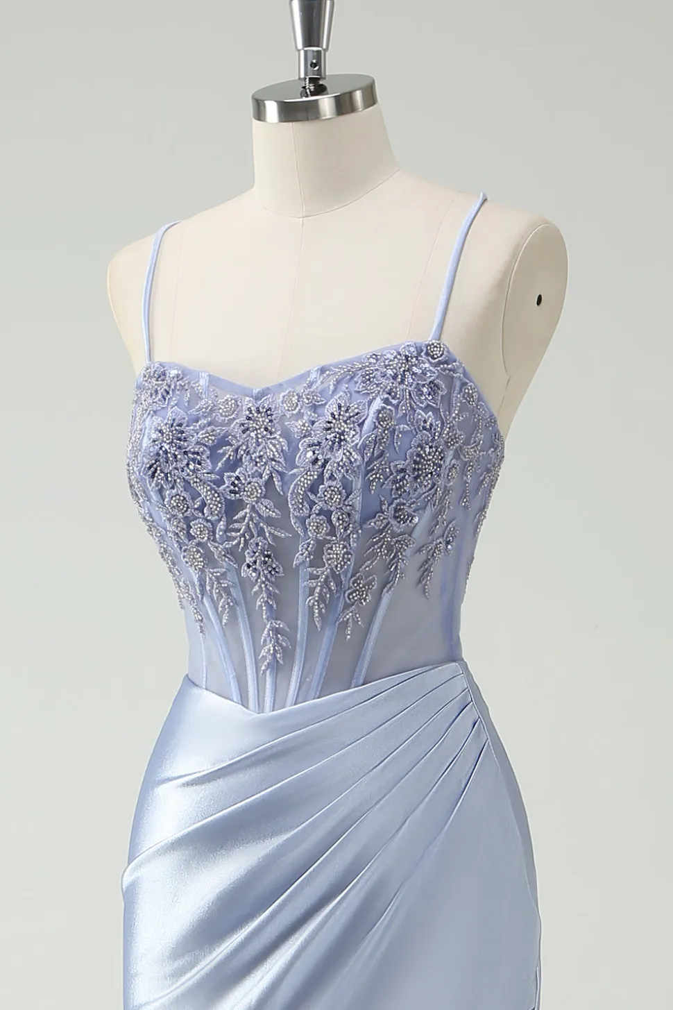 Vestido de baile longo Ruched Ruched da sereia azul claro com missangas apliques