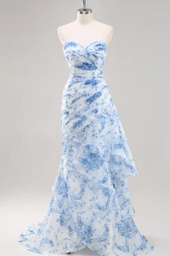 Vestido De Baile Longo Sereia Sem Alças Branco Azul Flores Chiffon